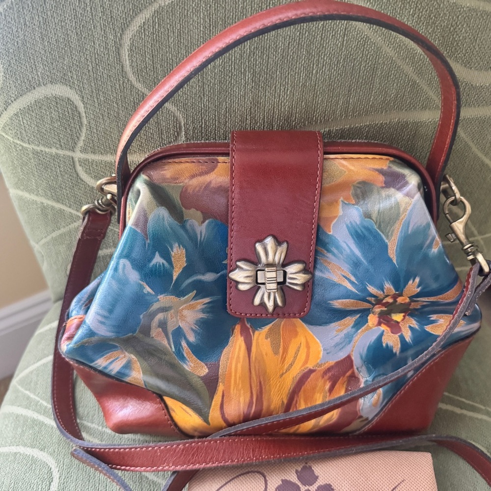 Patricia Nash Red and Blue Shoulder Bag with Floral Design